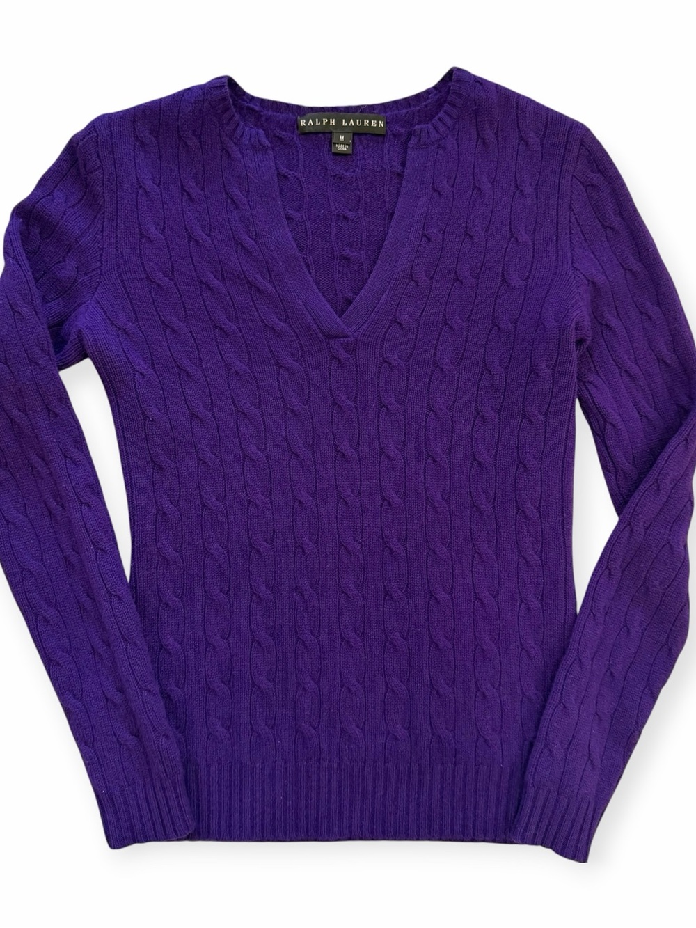 R Ralph Lauren Purple Cable Knit 100% Cashmere V-Neck Sweater Size M